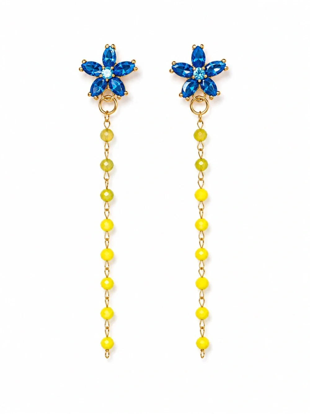 Blue Floral Stud with Yellow Bead Drop Earrings - Women Jewelry